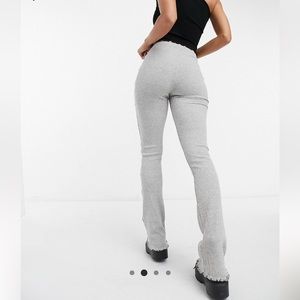Bershka ribbed flare pant with lettuce hem in gray